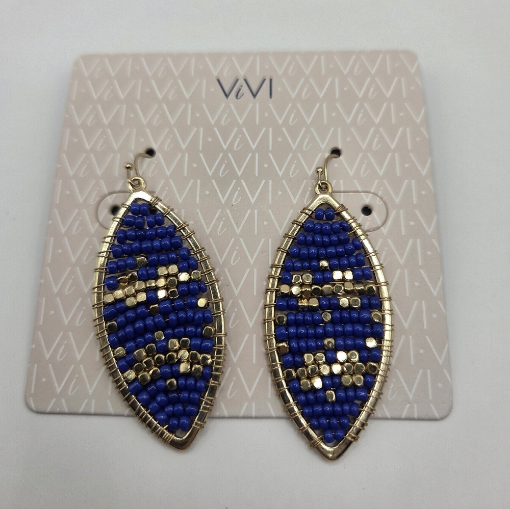 Vivi (Formerly Cookie Lee) Blue Gold Seed Bead Dangle French Hook Earrings